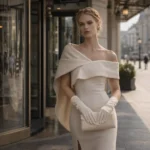 Wanda (Ruwana Studio) în rochie ivory, cadru cinematic la intrarea unui hotel de lux, stradă urbană în fundal