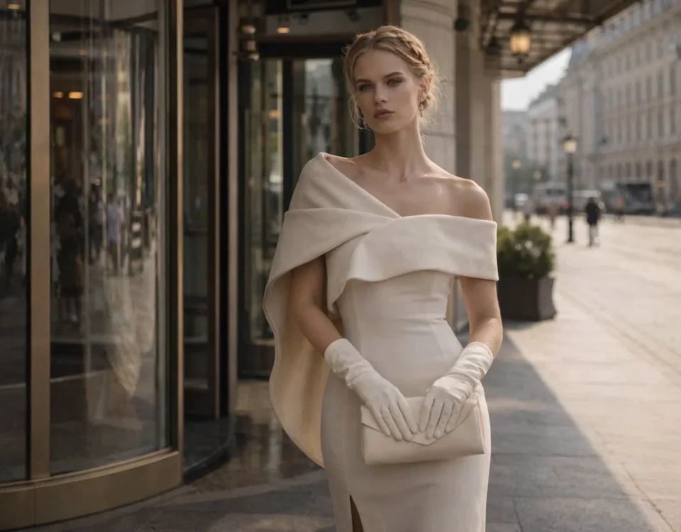 Wanda (Ruwana Studio) în rochie ivory, cadru cinematic la intrarea unui hotel de lux, stradă urbană în fundal