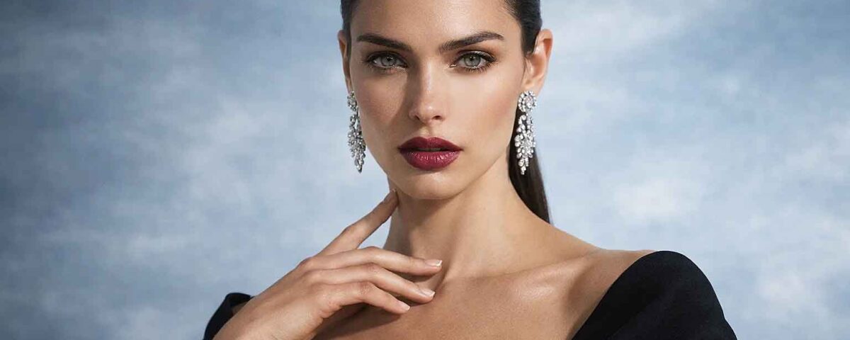 Nadine într-un portret beauty de lux, cu o brățară tip cuff cu diamante și mâna ridicată delicat spre gât.