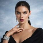 Nadine într-un portret beauty de lux, cu o brățară tip cuff cu diamante și mâna ridicată delicat spre gât.