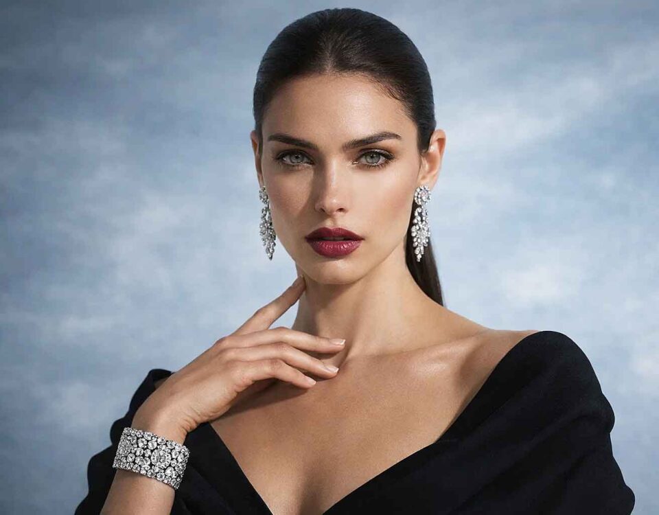 Nadine într-un portret beauty de lux, cu o brățară tip cuff cu diamante și mâna ridicată delicat spre gât.